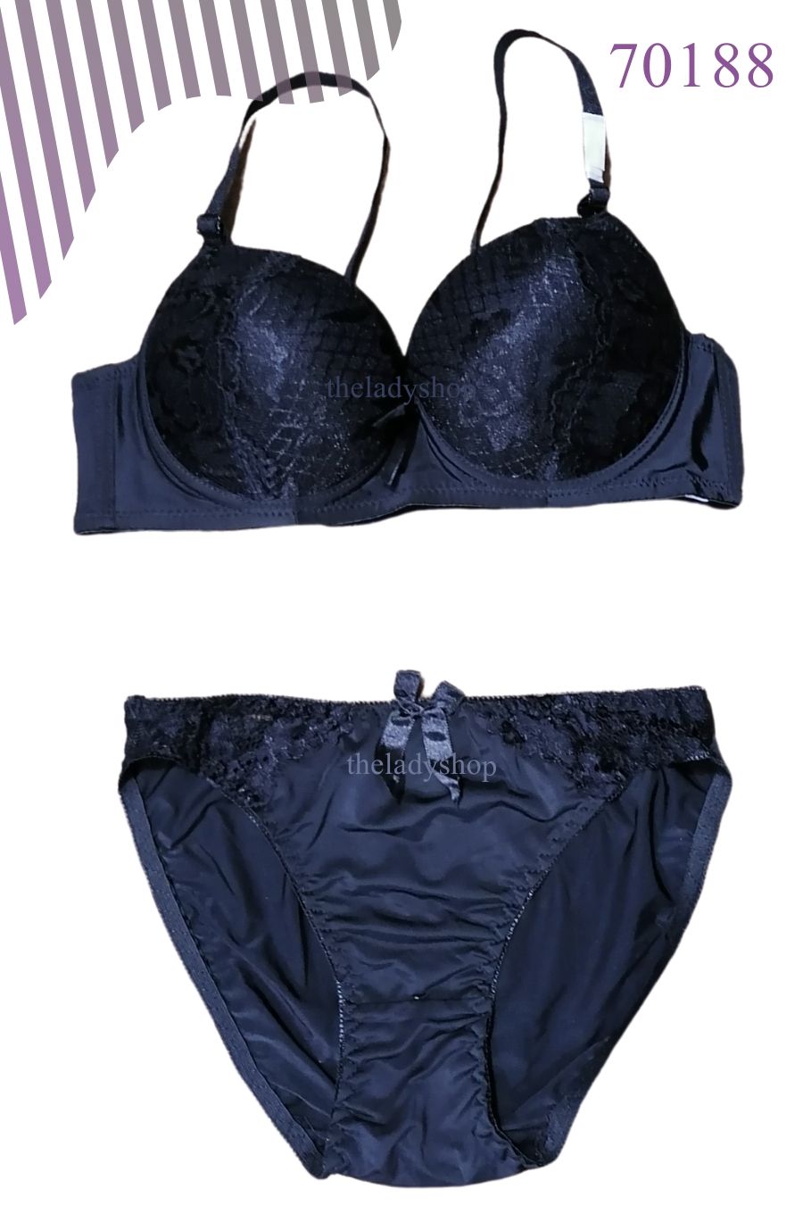 2pc fancy quality lace on top bra & panty set - Black