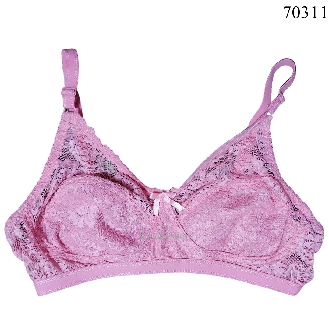 Imported Fine Quality Nylon Net Lace Bra With Elastic Belt - Pink